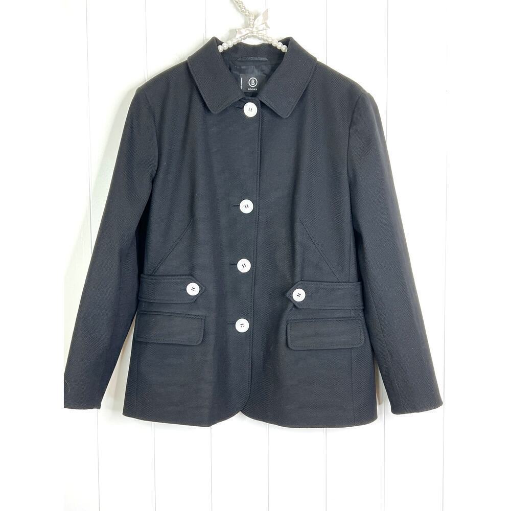 Bogner Black Button Down Blazer/Coat Faux Waist Belt Front Pockets Size 10/40